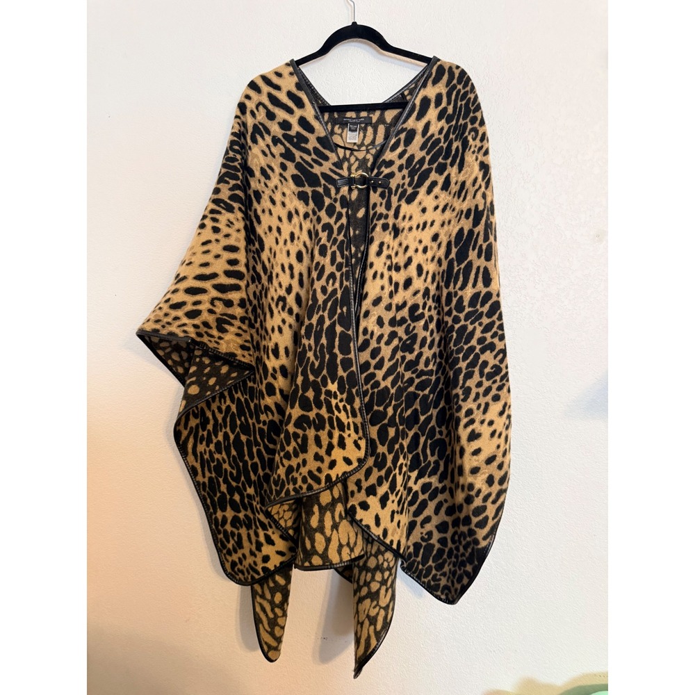Marc New York Andrew Marc Leopard Print Poncho Faux Leather Trim Buckle Wrap OS